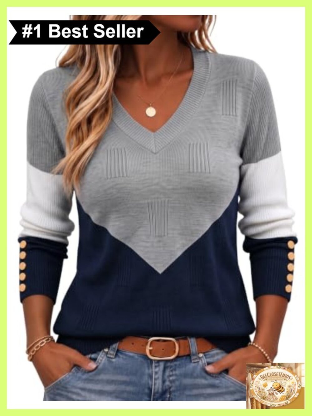 V-Neck Ribbed Knit Button Pullover Sweater Long Sleeve